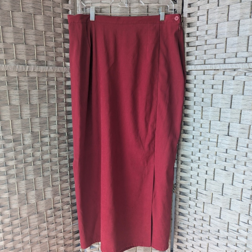 Vtg 90s Maxi Skirt Red Side Slit Elastic Back 1X Festive Office Colorful‎ Fall